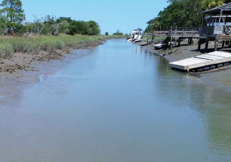 An image showing a South Carolina coastal waterway with muddy banks, vegetation, docks, and boats on the left.
